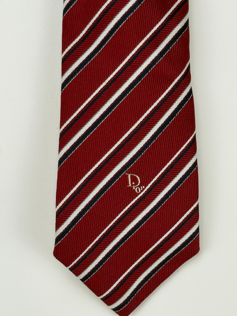 Vintage Christian Dior Monsieur Mens Silk Tie Red Navy White Stripe Logo